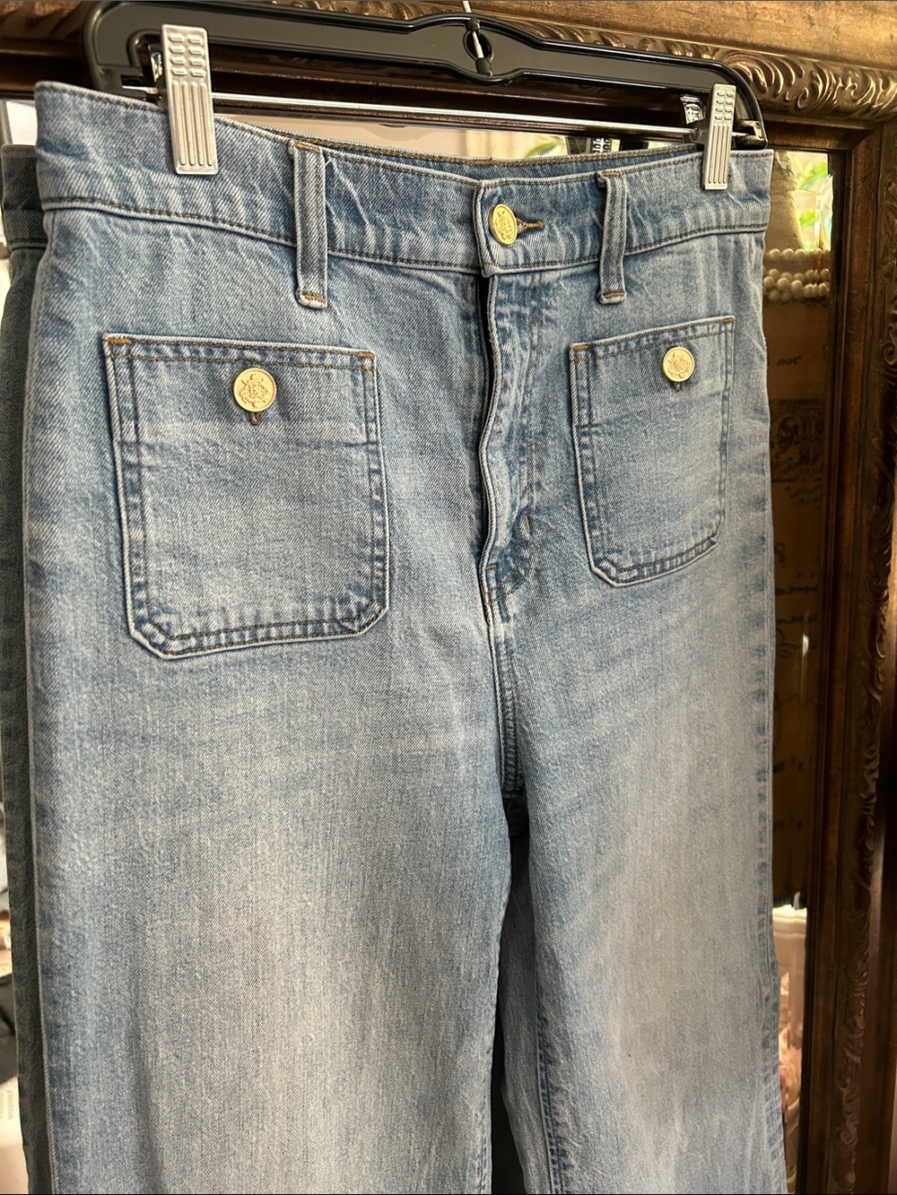 J.CREW • Sailor Wide Leg Trousers Gold Buttons Patch Pockets Jeans - High Rise - Picture 9 of 16